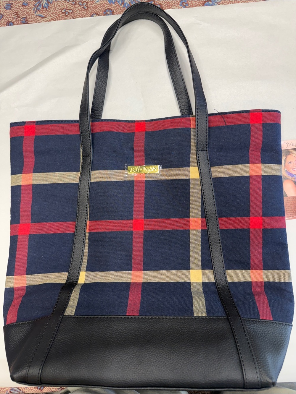 Joy & Iman Navy Plaid Tote with Red and Yellow Accents and Black Trim